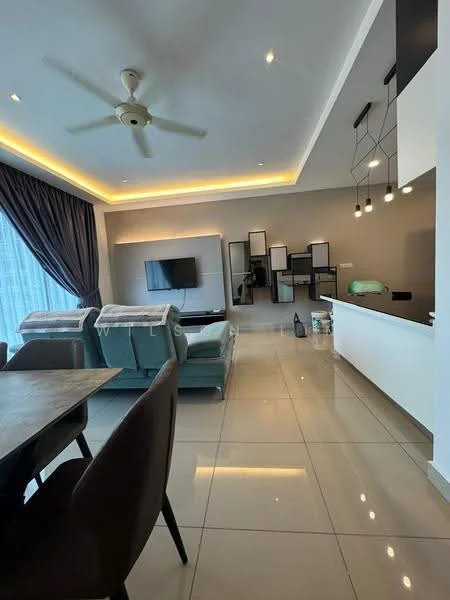 Living features: 5-blade ceiling fan with light, recessed LED downlights, grey accent wall, white painted walls, glossy tile flooring, sofa in teal, coffee table, wall-mounted TV, decorative mirrors, dining table with chairs, floor-to-ceiling windows with sheer curtains; style: modern; view: city.