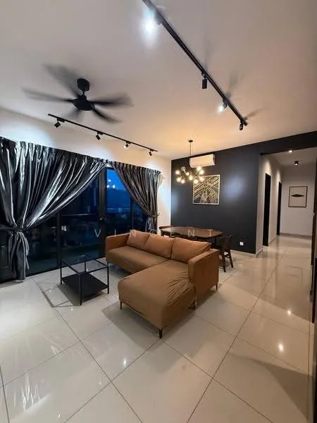 Living features: 3-seater fabric sofa in beige, coffee table, dining table for 4, floor-to-ceiling windows, sheer curtains, blackout curtains, recessed LED downlights, 5-blade ceiling fan, wall-mounted air conditioning unit, polished ceramic tile flooring, dark accent wall, decorative artwork; style: modern; view: city.
