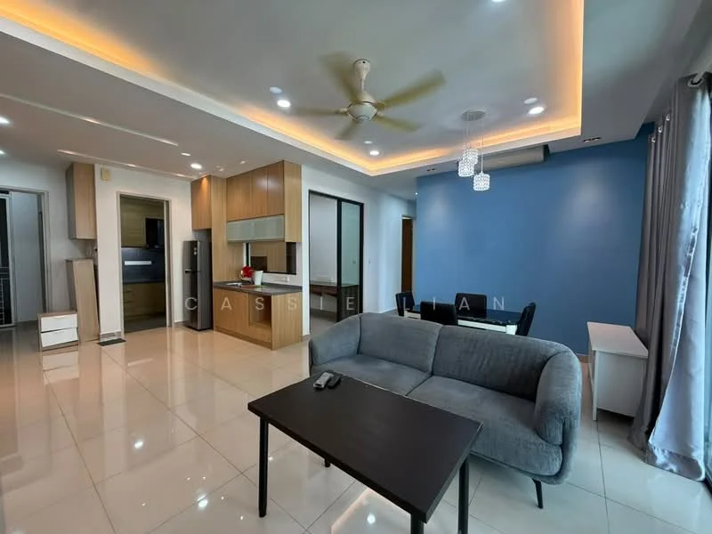 Living features: grey fabric sofa, black coffee table, ceiling fan with light, recessed downlights, white painted walls, cream tiled flooring, large windows with sheer curtains, dining table with black chairs, open-plan layout to kitchen, accent wall in blue, built-in cabinetry, kitchen island; style: modern. Kitchen features: stainless-steel fridge, built-in oven, kitchen island, wood cabinetry, white countertops, ceramic tile backsplash, open shelving; style: modern.