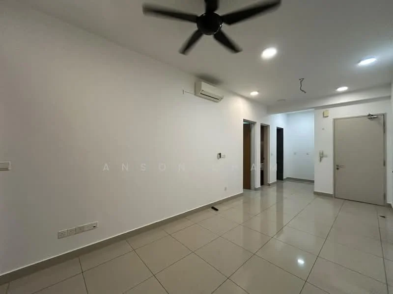 Room features: white painted walls, glossy ceramic tile flooring, recessed LED downlights, 1 wall-mounted split AC, ceiling fan, doorway to adjacent rooms, door to exterior, light switch, power outlet; style: modern.