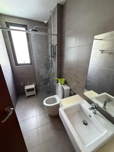 Bathroom features: walk-in shower with glass enclosure, rain shower head, handheld shower, single-sink vanity with countertop, chrome basin mixer, framed mirror, one-piece toilet, tile cladding on walls, grey ceramic tile flooring, window for natural light, towel rack; style: modern.