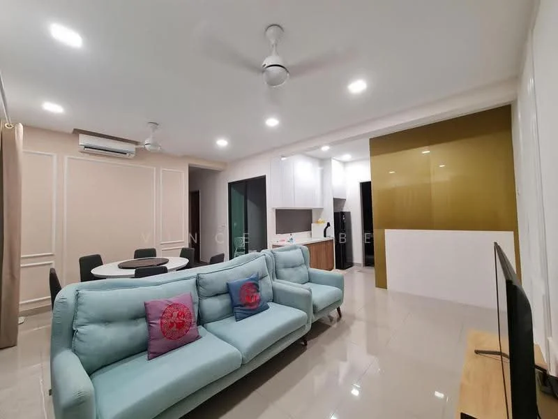 Living features: light blue fabric sofa, 2-seater sofa, decorative cushions, coffee table, wall-mounted TV, TV console, ceiling fan, recessed LED downlights, cream painted walls, glossy tile flooring, open layout, dining area with round table, kitchen area with white cabinetry, green accent wall; style: modern.