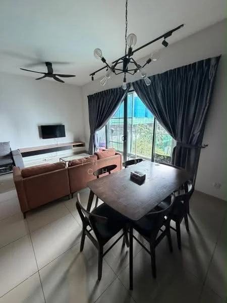 Living features: 3-seater fabric sofa in brown, 2-seater fabric sofa in brown, wooden dining table, 4 dining chairs, wall-mounted TV, ceiling fan with 5 blades, chandelier with exposed bulbs, floor-to-ceiling windows, curtains in dark grey, tile flooring in light grey, decorative wall art, greenery visible outside the window; style: modern; view: garden.
