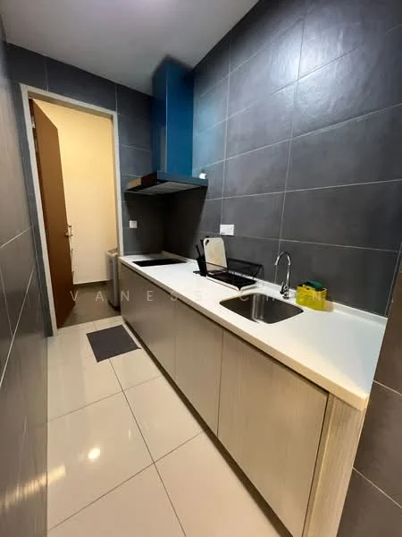 Kitchen features: grey tiled walls, white countertop, stainless-steel sink, chrome pull-down faucet, built-in kitchen cabinets, black range hood, ceramic tile flooring, kitchen chair, wall-mounted cabinet, recessed lighting; style: modern.