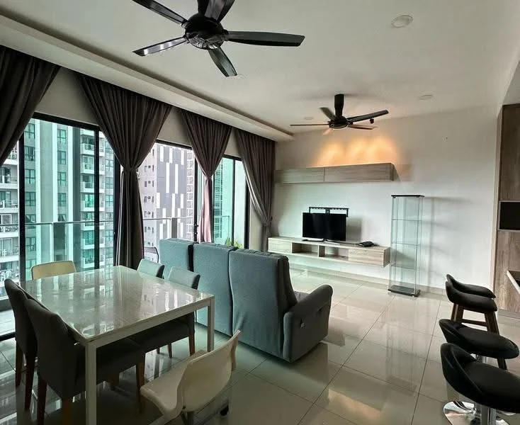 Living features: floor-to-ceiling windows, grey fabric sofa, 3-seater sofa, white TV console, wall-mounted TV, dining table with 4 chairs, 2 black bar stools, recessed downlights, 2 ceiling fans, light-coloured wall, glossy tile flooring, curtains, open layout; style: modern; view: city.