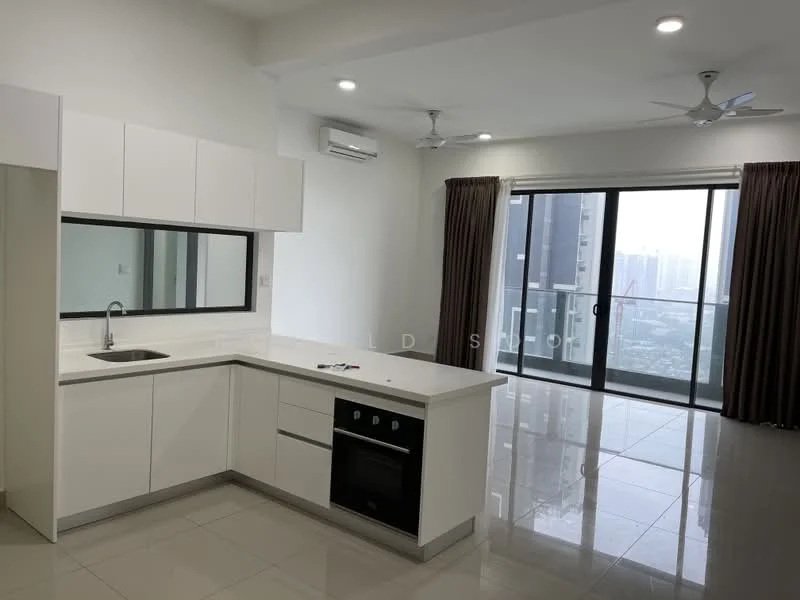 Kitchen features: white cabinetry, stainless-steel sink, chrome pull-down faucet, quartz countertop, built-in oven, 4-burner gas hob, recessed downlights, floor-to-ceiling windows, sliding glass door, grey tiled flooring, air conditioning unit, ceiling fan; style: modern; view: city. Living features: grey tiled flooring, floor-to-ceiling windows, sliding glass door, recessed downlights, ceiling fan, curtains; style: modern; view: city.