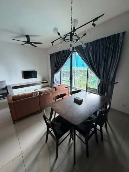 Living features: 3-seater fabric sofa in brown, coffee table, wall-mounted TV, dining table with 4 black chairs, ceiling fan with 5 blades, floor-to-ceiling windows, sheer curtains, grey accent wall, tile flooring; style: modern; view: garden.