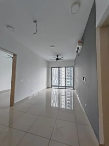 Living features: white painted walls, grey accent wall, glossy ceramic tile flooring, 5-blade ceiling fan, wall-mounted split AC, floor-to-ceiling windows, sliding glass door, natural light from windows, recessed downlights; style: modern; view: city.