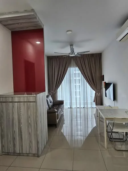 Living features: grey leather sofa, wall-mounted TV, white dining table with chairs, 5-blade ceiling fan, floor-to-ceiling windows, sheer curtains, cream tiled flooring, red accent wall, wood paneling on feature wall; style: modern.