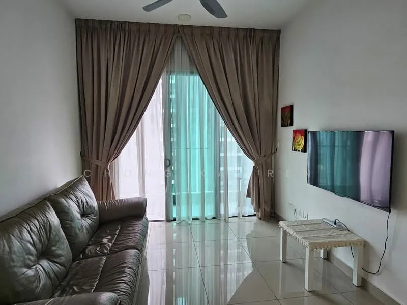 Living features: 3-seater leather sofa in dark brown, wall-mounted TV, white coffee table, floor-to-ceiling windows, sheer curtains, heavy drapes in beige, glossy tile flooring, ceiling fan with light, decorative wall art; style: modern; view: city.