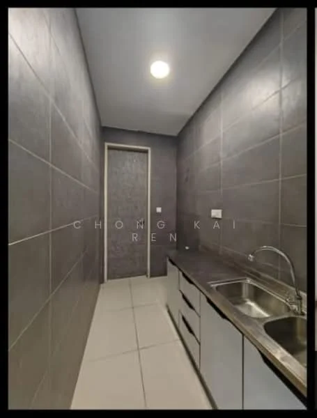 Laundry features: grey tiled walls, white cabinetry, stainless-steel sink, chrome faucet, countertop with grey finish, white floor tiles, single door, recessed ceiling light; style: modern.