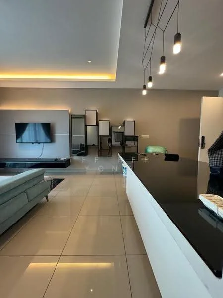 Living features: light grey fabric sofa, black granite countertop, wall-mounted TV, recessed LED downlights, pendant lights, cream painted walls, glossy tile flooring, decorative shelving unit, large mirror, open layout, floor-to-ceiling windows; style: modern.
