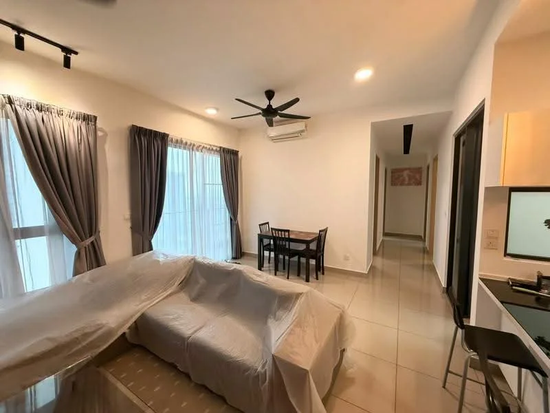 Living features: sofa covered with white sheet, 5-blade ceiling fan with light, floor-to-ceiling windows with sheer curtains, tile flooring, recessed downlights, area rug, coffee table, wall-mounted TV, dining table for four, air conditioning unit; style: modern. Dining features: 4-seater dining table, black dining chairs; style: modern. Hallway features: tile flooring, white painted walls.