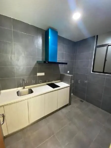 Kitchen features: single-bowl stainless-steel sink, chrome pull-down faucet, built-in induction hob, blue wall-mounted range hood, light grey tiled walls, light grey tiled flooring, white cabinetry with flat-panel design, window with black frame; style: modern.