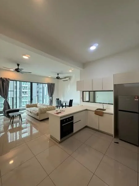 Kitchen features: white cabinetry, stainless-steel fridge, built-in oven, 4-burner gas hob, white quartz countertop, single-bowl stainless-steel sink, chrome pull-down faucet, pendant lighting, recessed downlights, tile flooring, open-plan layout, floor-to-ceiling windows, grey curtains; style: modern; view: city. Living features: 3-seater fabric sofa in beige, dining table with chairs, ceiling fan, TV console, area rug, floor-to-ceiling windows, grey curtains; style: modern; view: city.