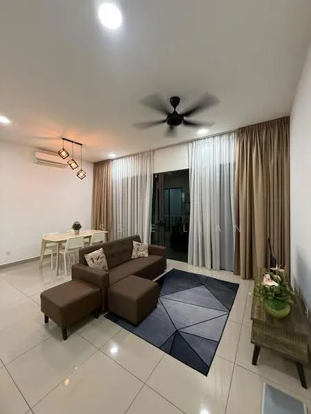 Living features: 3-seater fabric sofa in brown, 2 ottomans in brown, area rug with geometric pattern, coffee table, wall-mounted TV, floor-to-ceiling windows, sheer curtains, blackout curtains, 5-blade ceiling fan with light, recessed downlights, dining table for 4 in white, decorative plant in ceramic pot, cream painted walls, tile flooring; style: modern.