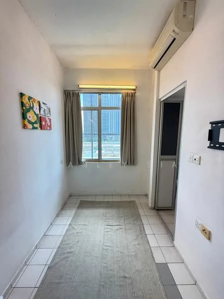 Room features: white painted walls, tile flooring, window with city view, curtains, air conditioning unit, recessed lighting, area rug, doorway leading to another room; view: city.