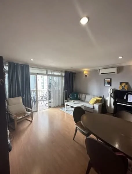 Living features: laminate flooring, grey painted walls, recessed downlights, floor-to-ceiling windows, sliding glass door, sheer curtains, sofa in light color, coffee table, piano, dining table with chairs, air conditioning unit; style: modern; view: city.