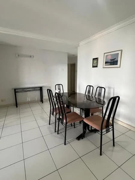 Dining features: round dining table, 6-seater dining table, black metal chairs, upholstered dining chairs in beige, white tiled flooring, air conditioning unit on wall, framed artwork on wall, wall-mounted light fixture; style: modern.