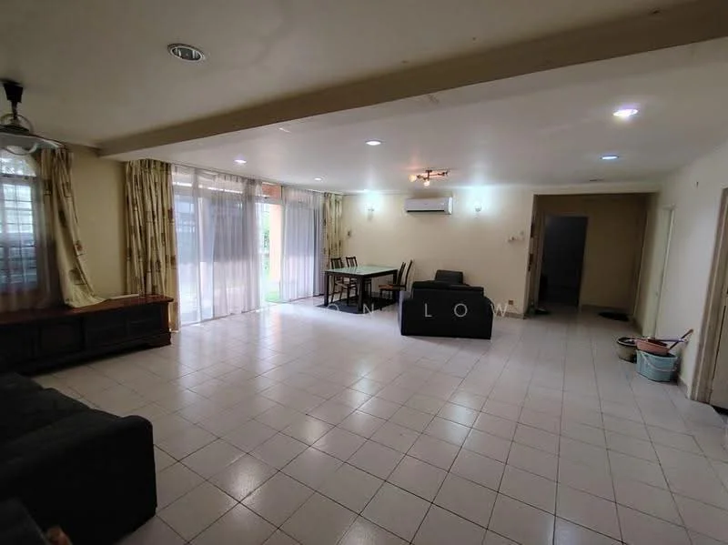 Living features: grey fabric sofa, black coffee table, dining table with four chairs, floor-to-ceiling windows, sheer curtains, tile flooring, recessed LED downlights, wall-mounted air conditioning unit, light-colored painted walls, sliding glass door leading to outdoor area; style: modern; view: garden.