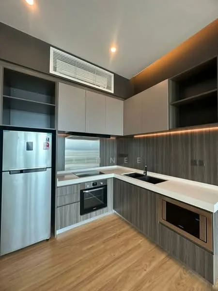 Kitchen features: stainless-steel fridge, built-in oven, 4-burner gas hob, single-bowl stainless-steel sink, chrome pull-down faucet, white quartz countertop, wood cabinetry with grey finish, open shelving, recessed LED downlights, wood laminate flooring, air conditioning unit; style: modern.