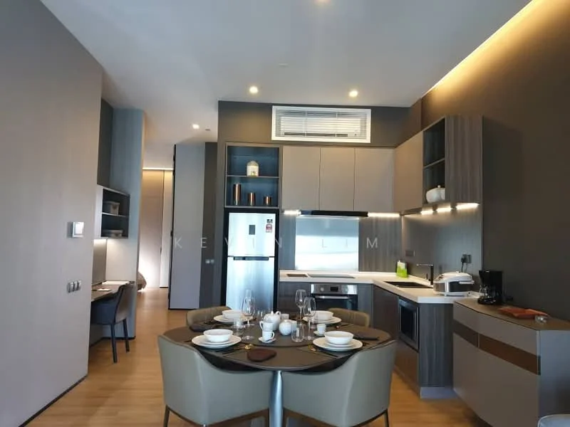 Kitchen features: grey cabinetry, white countertop, stainless-steel fridge, built-in oven, freestanding range oven, microwave, kettle, dishwasher, 4-burner gas hob, recessed downlights, wooden flooring, open shelving, dining table with place settings; style: modern.