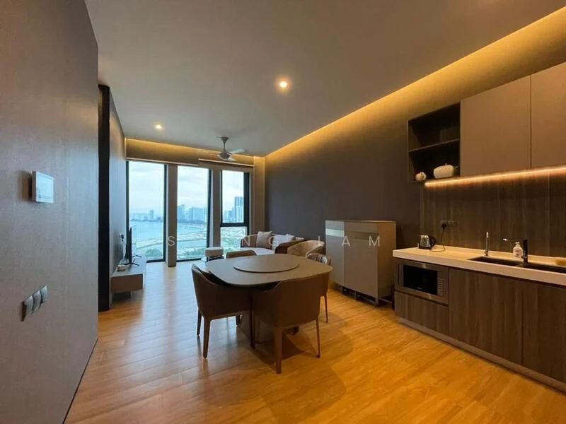Living features: floor-to-ceiling windows, city view, 5-blade ceiling fan with light, recessed LED downlights, light wood flooring, grey accent wall, round dining table, upholstered dining chairs, built-in cabinetry, microwave, kitchenette with countertop, sofa, decorative plants; style: modern.