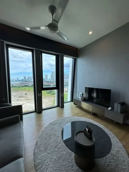 Living features: floor-to-ceiling windows, 3-blade ceiling fan, grey accent wall, light wood flooring, round coffee table, sofa in grey fabric, TV console, wall-mounted TV, area rug with circular pattern, decorative items on console; style: modern; view: city.