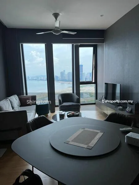 Living features: floor-to-ceiling windows, city skyline view, 3-seater fabric sofa in grey, 2-seater armchair, coffee table, wall-mounted TV, wooden flooring, ceiling fan, decorative wall with dark paint, area rug; style: modern; view: city.