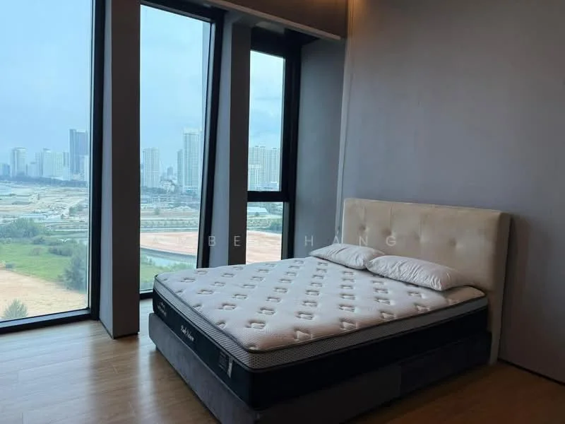 Bedroom features: king-size bed, upholstered headboard, floor-to-ceiling windows, city view, wooden flooring, grey painted walls, two white pillows, mattress with patterned cover; style: modern; view: city.