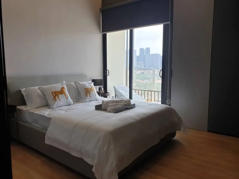 Bedroom features: king-size bed with upholstered headboard, white bedding with decorative pillows featuring animal print, wooden flooring, floor-to-ceiling windows, curtains, nightstand with lamp, built-in wardrobe, view of city skyline; style: modern; view: city.