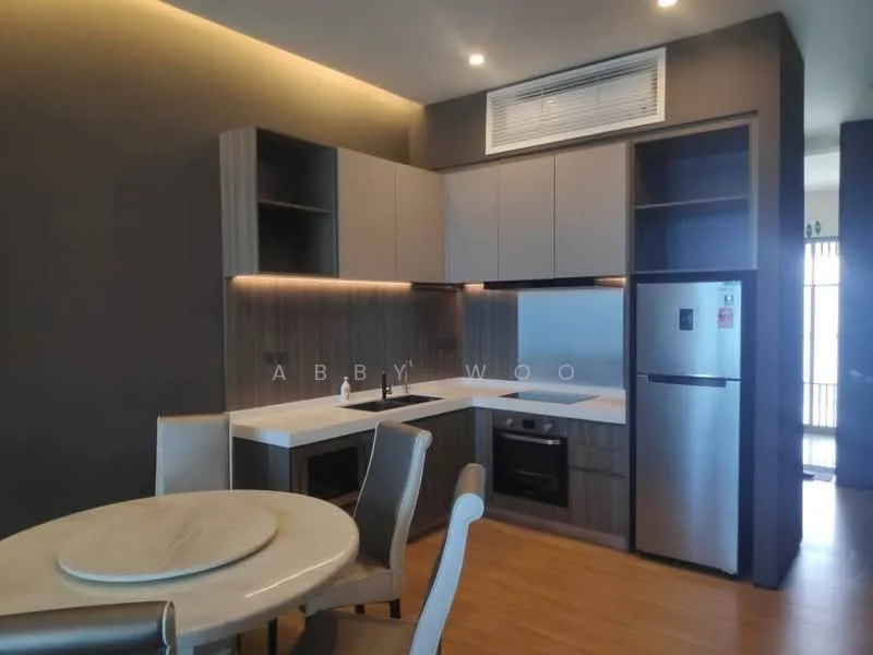 Kitchen features: grey upper cabinets, wood lower cabinets, white countertop, stainless-steel sink, chrome pull-down faucet, built-in oven, freestanding range oven, stainless-steel fridge, recessed LED downlights, open shelving, wood flooring, wall-mounted air conditioning unit; style: modern.