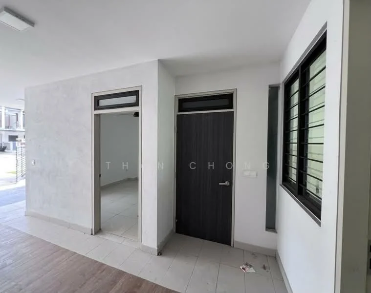 Room features: white painted walls, grey accent wall, tile flooring, large windows, door with modern handle, light ceiling, corner space, neutral color scheme; style: modern.