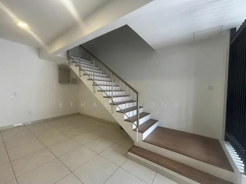 Room features: white painted walls, tile flooring, staircase with wooden steps, metal railing on staircase, recessed lighting, large windows, open space layout, wooden flooring at landing; style: modern.