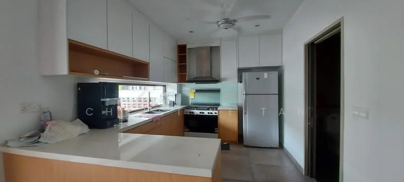 Kitchen features: white painted walls, light grey tile flooring, ceiling fan, stainless-steel range hood, built-in oven, 4-burner gas hob, stainless-steel fridge, white cabinetry, kitchen island with countertop, window with city view, sink, drawer storage, open shelving; style: modern; view: city.