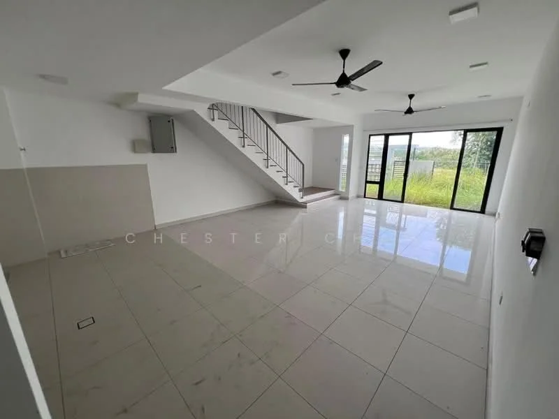 Living features: white painted walls, polished ceramic tile flooring, 5-blade ceiling fan with light, sliding glass door, floor-to-ceiling windows, staircase, recessed downlights, open layout; style: modern; view: garden.
