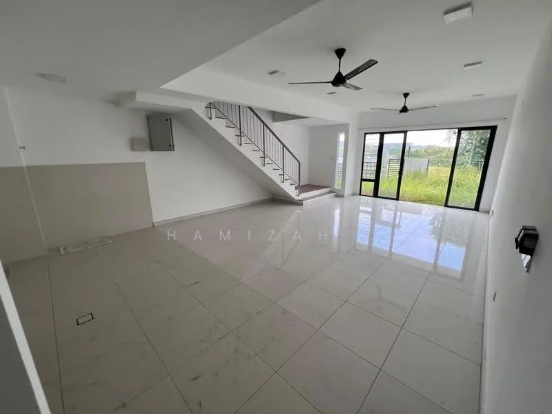 Living features: white painted walls, polished ceramic tile flooring, 5-blade ceiling fan with light, floor-to-ceiling windows, sliding glass door, staircase with metal railing, built-in electrical panel, natural light from windows, open layout, view of greenery; style: modern; view: garden.