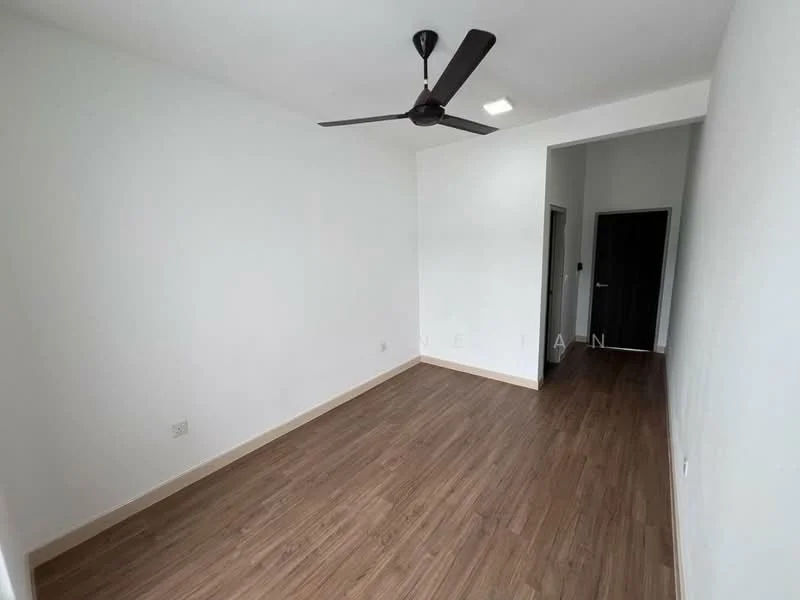 Room features: white painted walls, wooden flooring, 5-blade ceiling fan, recessed downlights, doorway leading to another room, doorway leading to hallway, no visible furniture; style: modern.