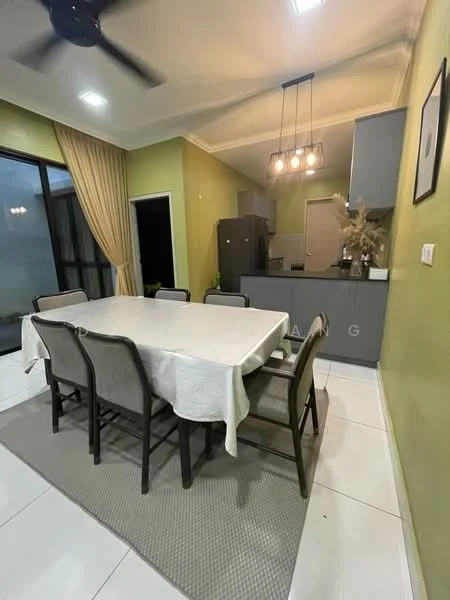 Dining features: 6-seater dining table, upholstered dining chairs, pendant lighting, green painted walls, white ceiling, sliding glass door, floor-to-ceiling windows, area rug, recessed lighting, kitchen island visible in background, grey cabinetry, stainless-steel refrigerator; style: modern; view: garden.