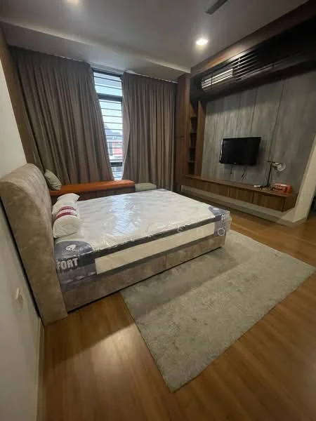 Bedroom features: queen-size bed, upholstered headboard, wooden flooring, floor-to-ceiling windows, sheer curtains, wall-mounted TV, TV console, built-in shelving, recessed downlights, area rug with geometric pattern, decorative wall paneling; style: modern; view: city.
