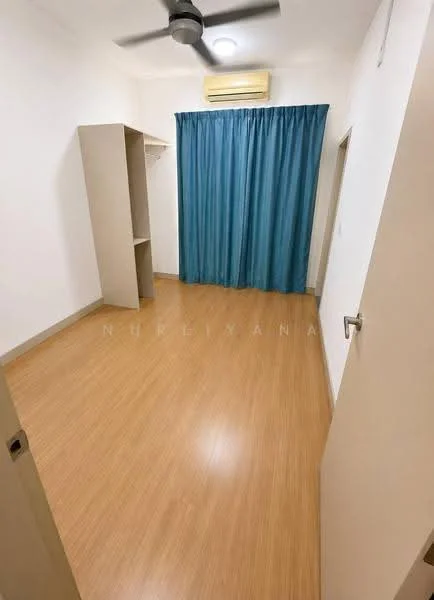 Room features: light wood laminate flooring, white painted walls, blue curtain, ceiling fan, air conditioning unit, built-in wardrobe, door with handle; style: modern.
