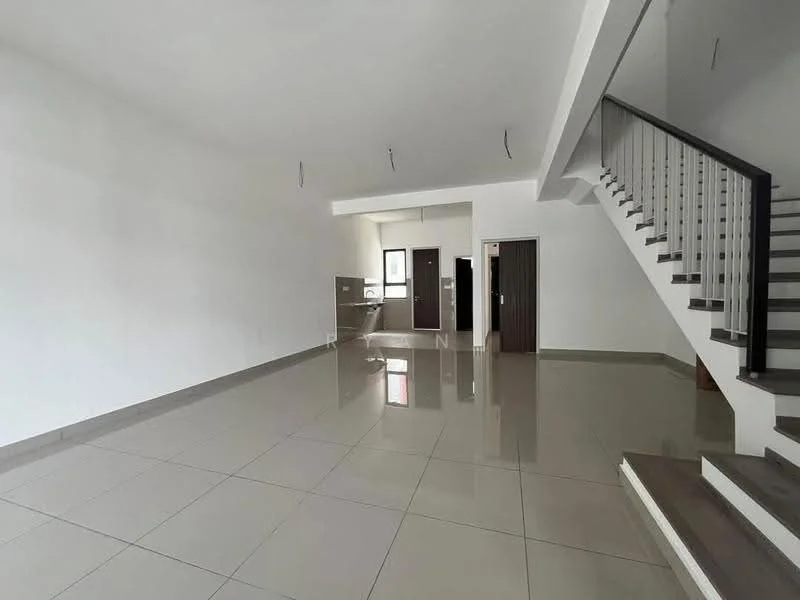 Living features: white painted walls, glossy ceramic tile flooring, staircase with wooden steps and metal railing, large windows for natural light, recessed ceiling lights, open layout, high ceiling, neutral color scheme; style: modern.