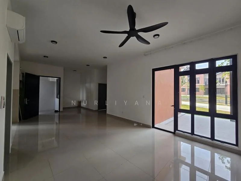 Living features: white painted walls, polished ceramic tile flooring, 5-blade ceiling fan, floor-to-ceiling windows, sliding glass door, natural light from windows, air conditioning unit, open layout; style: modern; view: garden.