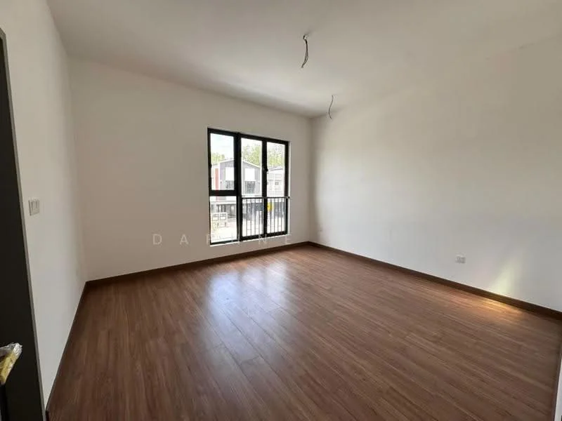 Room features: white painted walls, laminate flooring, large window with black frame, balcony access, two ceiling light fixtures, no visible furniture, neutral color scheme, baseboards; style: modern; view: garden.
