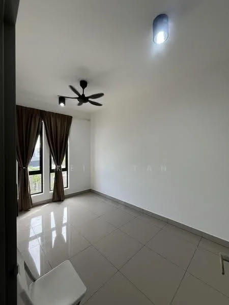 Room features: white painted walls, glossy ceramic tile flooring, 2 ceiling lights, 5-blade ceiling fan, floor-to-ceiling windows, brown curtains, view of outdoor area; style: modern; view: garden.