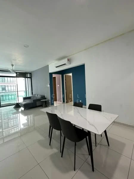Dining features: marble dining table, 4 black dining chairs, white painted walls, large windows with natural light, tile flooring, air conditioning unit, recessed ceiling lights, open layout to living area; style: modern; view: city. Living features: grey fabric sofa, coffee table, floor-to-ceiling windows, tile flooring, natural light, open layout to dining area; style: modern; view: city.