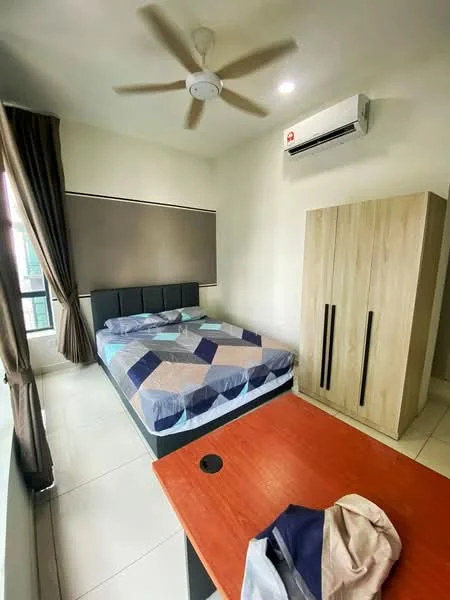 Bedroom features: king-size bed with patterned bedding, upholstered headboard, wooden wardrobe with two doors, study desk with a round hole for cables, ceiling fan, wall-mounted split AC unit, floor-to-ceiling window with curtains, white painted walls, tiled flooring; style: modern; view: city.