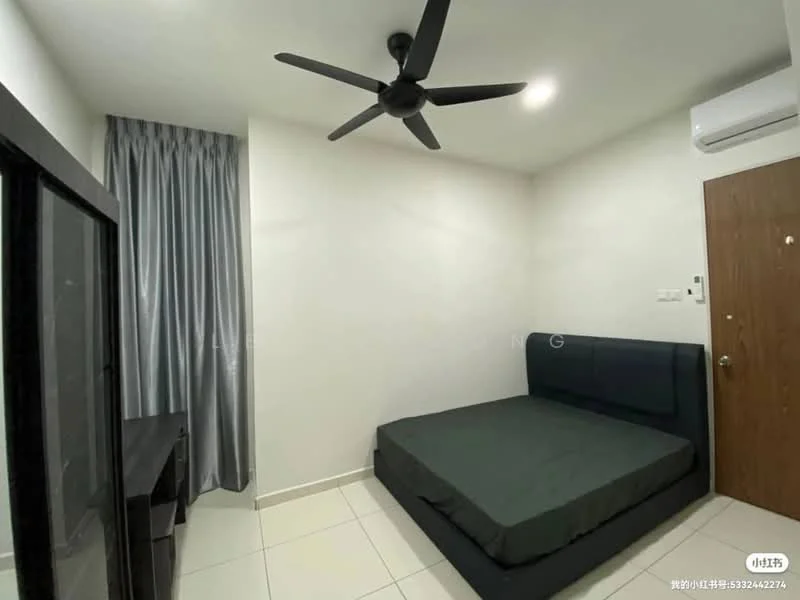 Bedroom features: queen-size bed with dark green bedding, 5-blade ceiling fan, white painted walls, tile flooring, floor-to-ceiling window with grey curtains, black wooden wardrobe, wooden bedside table, air conditioning unit on wall; style: modern.