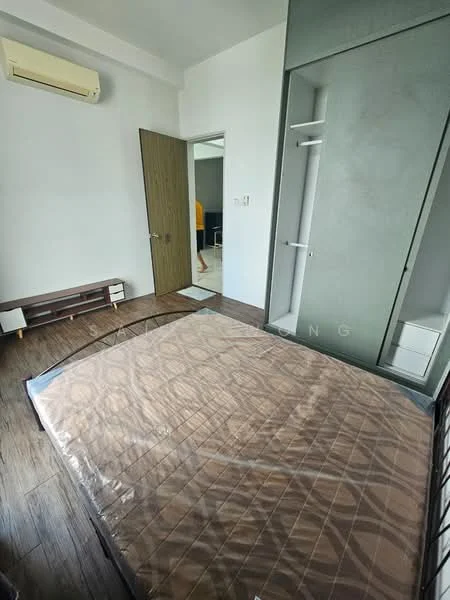 Bedroom features: queen-size bed with mattress, wooden flooring, 1 wall-mounted split AC, built-in wardrobe with sliding doors, white painted walls, door leading to hallway, window with natural light; style: modern.