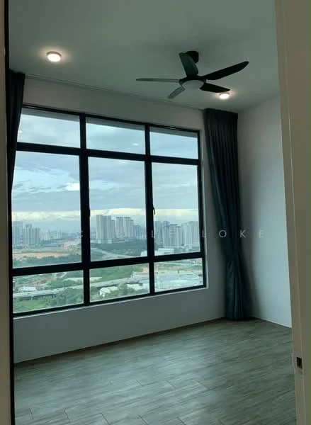 Room features: floor-to-ceiling windows, grey curtains, 5-blade ceiling fan, wooden flooring, city skyline view, recessed downlights, white painted walls; style: modern; view: city.